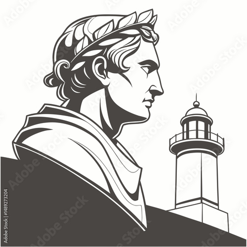 Professional roman emperor bust and lighthouse illustration on white background