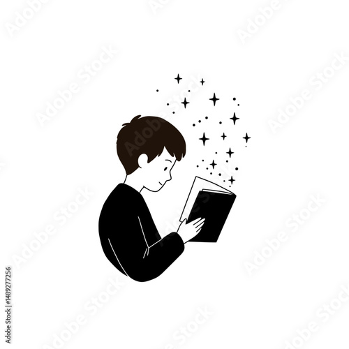 A young boy absorbed in reading a book with stars floating above it on a white isolated background
