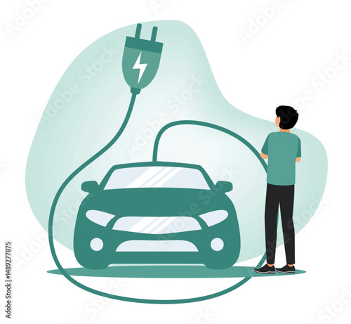 Green energy and electron transport. Man Observing Electric Car Charging at Station with Plug.