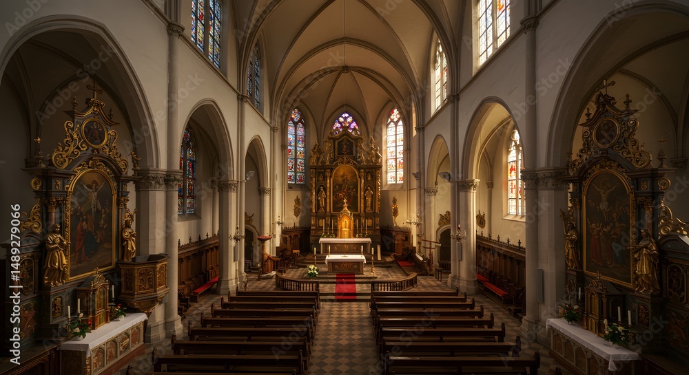 Fototapeta premium Church Interior View with Altar Pews and Stained Glass