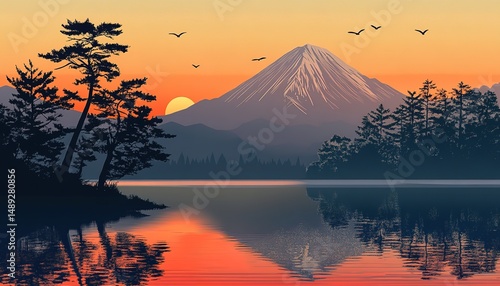 landscape cartoon illustration nature, mountain, lake, river