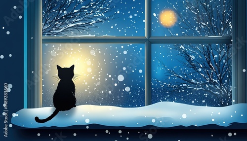 winter night scene cat in the window