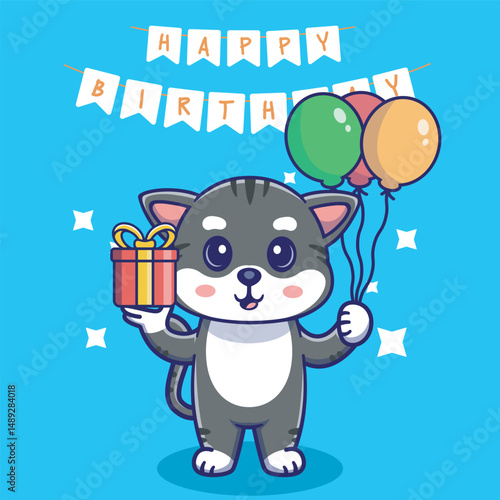 Illustration vector grapich of cute kitten holding a balloon and gift perfect for birthday card and invitation 