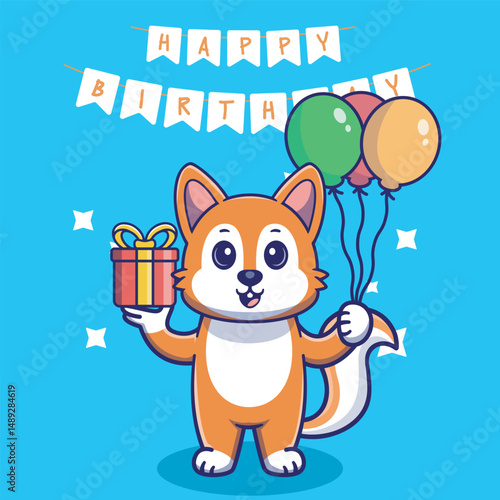 Illustration vector grapich of cute squirel holding balloons and gift perfect for birthday card and invitation 