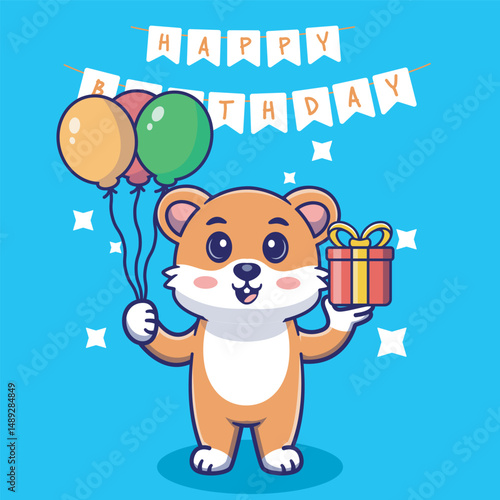 Illustration vector grapich of cute hamster holding balloons and gift perfect for birthday card and invitation 