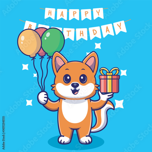 Illustration vector grapich of cute fox holding a balloon and gift perfect for birthday card and invitation 
