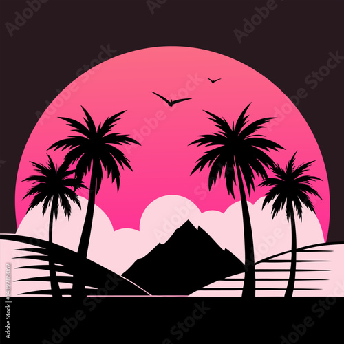 Silhouettes of palm trees and pink sun vector. Set of palm trees and sunrise vector silhouette. Tropical landscape and mountains black, very peri vector illustration.