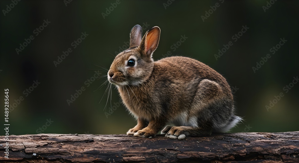 Fototapeta premium Brown Rabbit Sitting Elegantly on a Log in a Lush Forest Setting