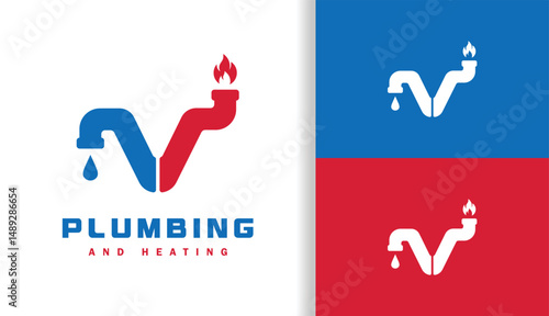 Initial Letter V Logo Combination of Pipes with Fire and Water Details, in Red and Blue Colors