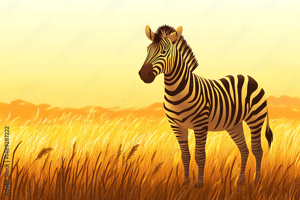 Fototapeta premium A serene zebra stands gracefully in a golden grassland at sunset, embodying tranquility