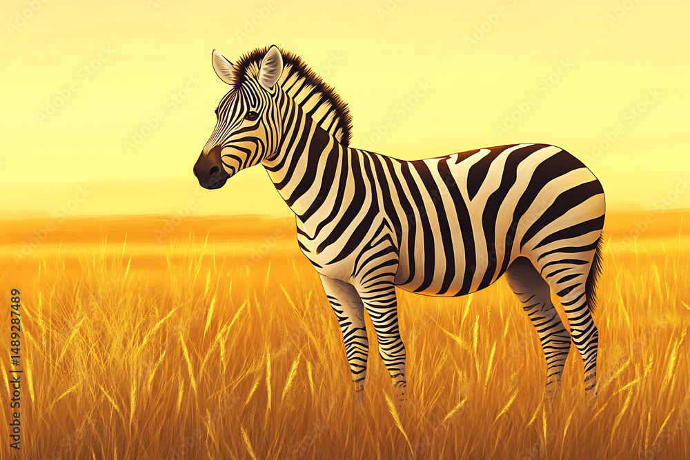 Fototapeta premium A majestic zebra standing gracefully in a golden grassland at sunset, embodying nature's beauty