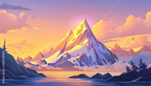 landscape cartoon illustration nature, mountain, lake, river
