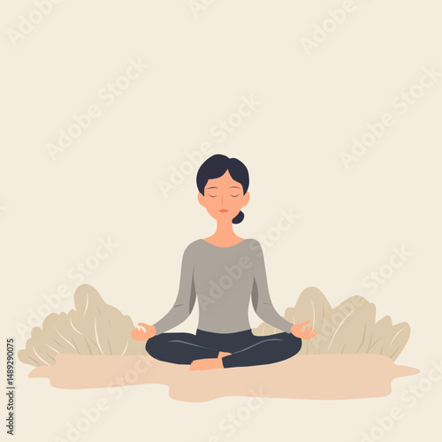 Flat style illustration of a young woman meditating in a peaceful outdoor setting. Perfect for wellness, mental health, relaxation, or yoga-related content and products
