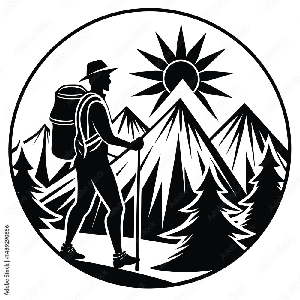 Fototapeta premium Silhouette of a Hiker with Mountain and Sunrise Landscape