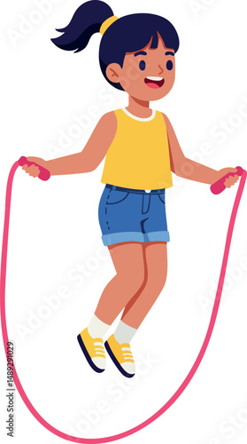 Girl Jumping Rope Outdoor Play Activity with Yellow Top and Blue Shorts Vector Illustration 