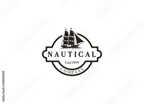 Ancient Nordic Longship Battle Boat on Ocean Wave Silhouette Illustration Logo design. Vintage traditional ship logo design template