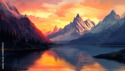 landscape cartoon illustration nature, mountain, lake, river