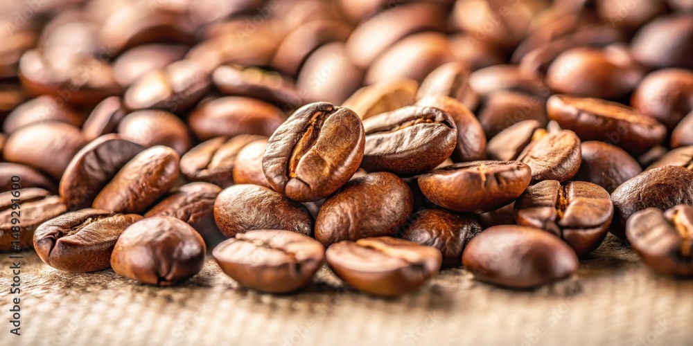 Naklejka premium Close-up view of roasted coffee beans, showcasing their rich brown color and intricate textures, scattered on a rustic surface.