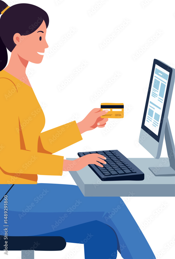 Woman online shopping using credit card at desktop computer vector illustration Woman online shopping using credit card at desktop computer vector illustration