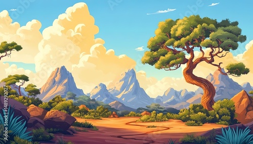 landscape cartoon illustration nature, mountain, lake, river