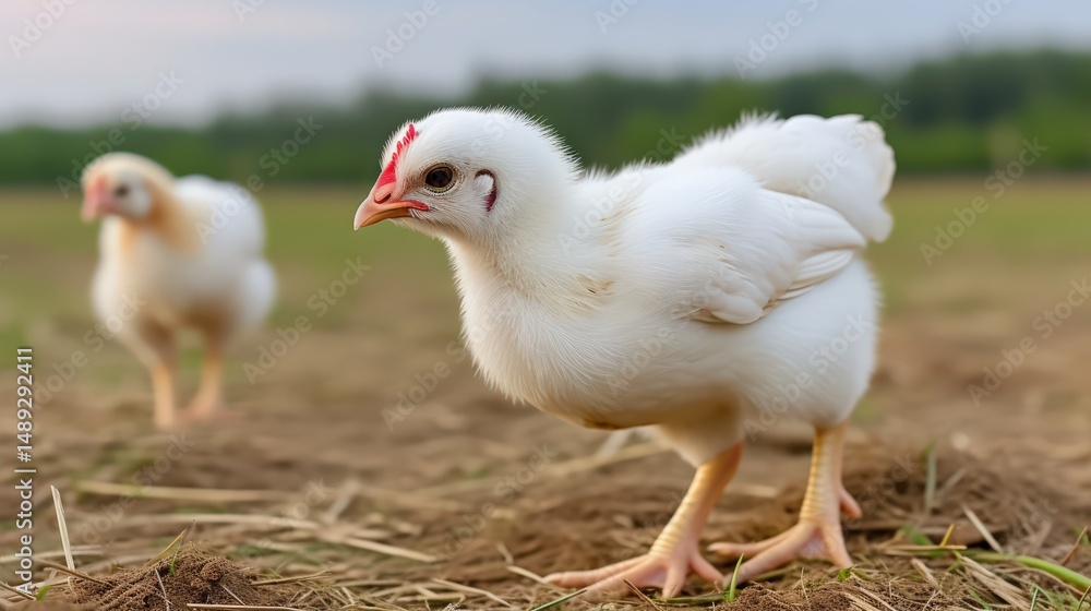 Fototapeta premium Charming baby chick walking on straw in open field capturing the essence of farm life
