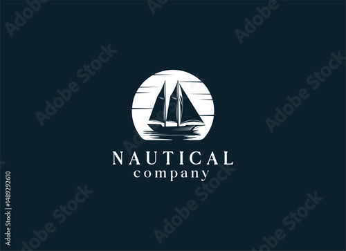 Ancient Nordic Longship Battle Boat on Ocean Wave Silhouette Illustration Logo design. Vintage traditional ship logo design template