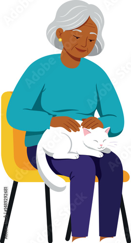 Elderly Woman Sitting on Yellow Chair Petting White Cat in Relaxed Home Setting 
