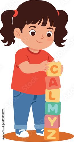 Little girl playing with colorful alphabet blocks stacking letters vertically vector illustration 