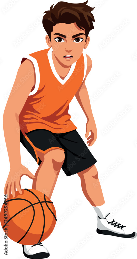 Boy Dribbling Basketball in Orange Jersey Playing Sport Vector Illustration Boy Dribbling Basketball in Orange Jersey Playing Sport Vector Illustration