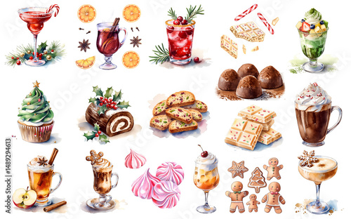 set of Xmas sweets and drinks, including Snowflake Eggnog Cocktail, Peppermint Hot Chocolate, Cinnamon Apple Cider, Christmas Tree Cupcake, Gingerbread Cookie, Mini Yule Log, Red Christmas Martini