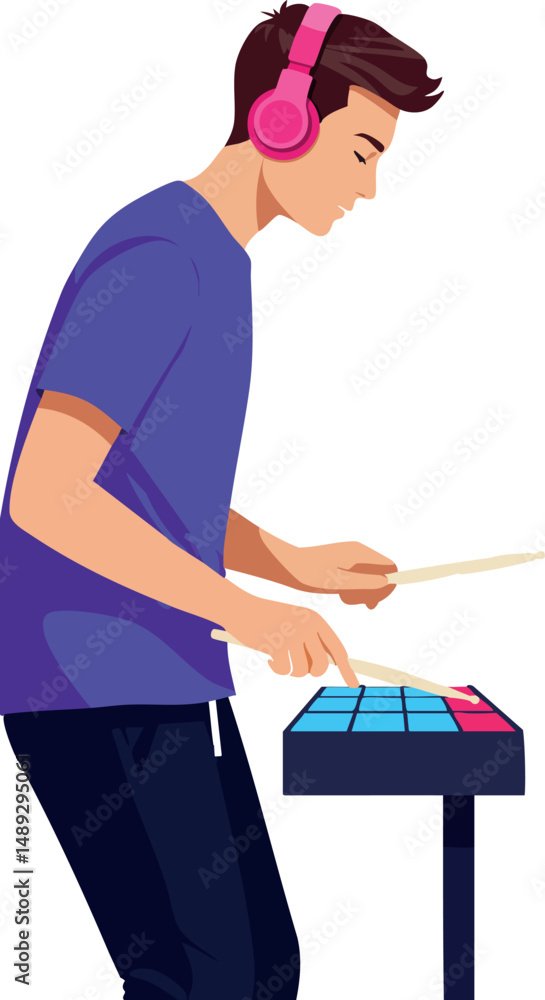 Fototapeta premium Young man playing electronic drum pad with pink headphones in casual outfit vector illustration 