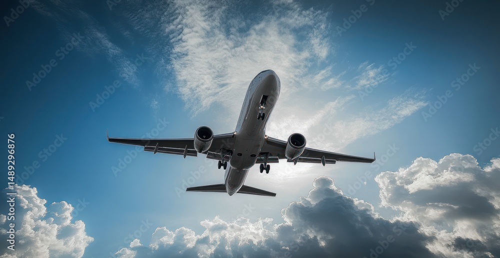 Fototapeta premium Commercial airplane flying low over clouds with bright blue sky and sunlight behind the aircraft wing