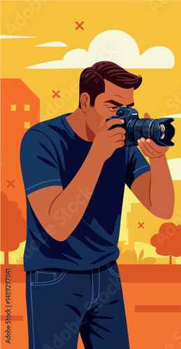 Male Photographer Taking Picture with Camera in Outdoor Urban Setting Vector Illustration 