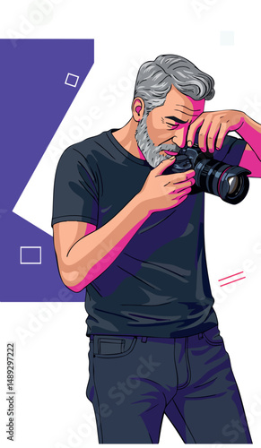 Mature man with gray hair taking photo with camera vector illustration in modern style 