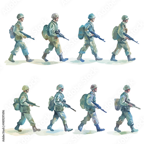 Set Of Toy Soldiers Marching On A Battlefield, watercolor drawing vector, high quality, isolated on a white background.