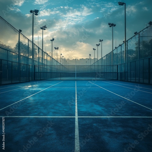 Blue Padel Court Under Dramatic Sky: A Modern Sports Landscape Featuring White Lines, Nets, and Towering Lights in an Outdoor Recreational Setting.
