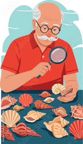Senior man examining seashells with magnifying glass hobby and leisure vector illustration 