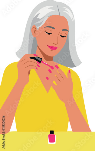 Woman applying pink nail polish on fingernails with yellow background vector illustration 
