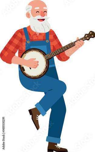 Elderly man playing banjo musical instrument in casual outfit vector illustration 