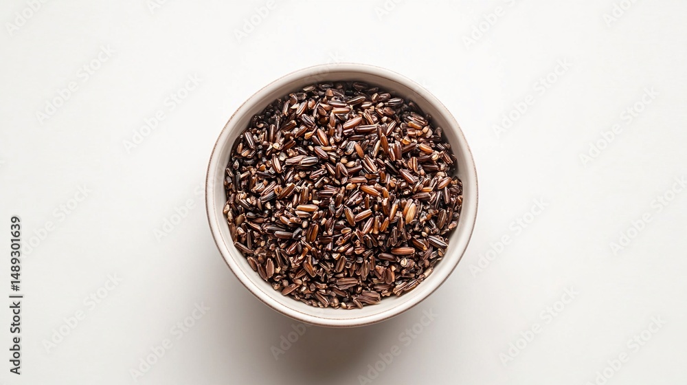 Overhead shot a bowl full of dark, cooked wild rice on a plain white background Overhead shot a bowl full of dark, cooked wild rice on a plain white background