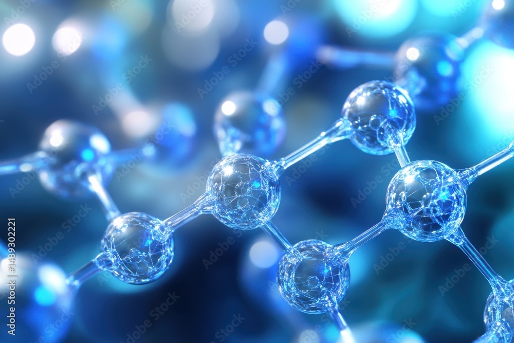 Intricate molecular structure with blue and silver spheres and rods glowing softly against a blurred background in 3D chemistry visualization Intricate molecular structure with blue and silver spheres and rods glowing softly against a blurred background in 3D chemistry visualization