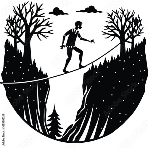Dangerous Cliff Edge Tightrope Walker Illustration