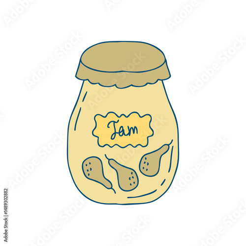 Sweet pear jam hand drawn vector sketch. Preservation of fruits concept. Doodle illustration isolated on white background.