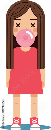 Girl blowing pink bubble gum wearing red dress and sneakers vector illustration 
