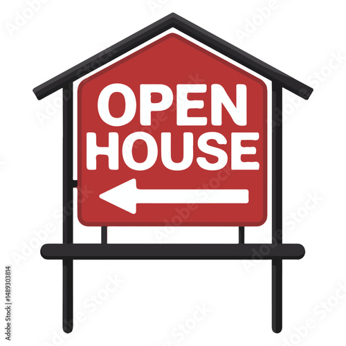 House shaped open home sign with directional arrow