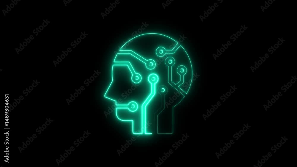 Glowing neon circuit board brain depicting artificial intelligence concept on black background Glowing neon circuit board brain depicting artificial intelligence concept on black background
