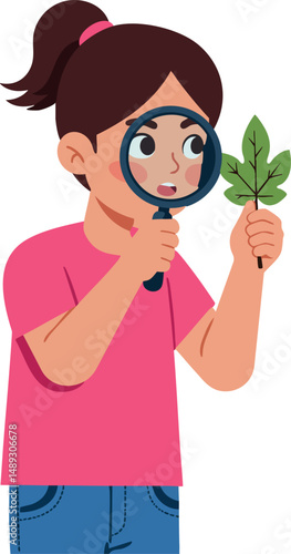 Girl examining green leaf with magnifying glass educational exploration vector illustration 