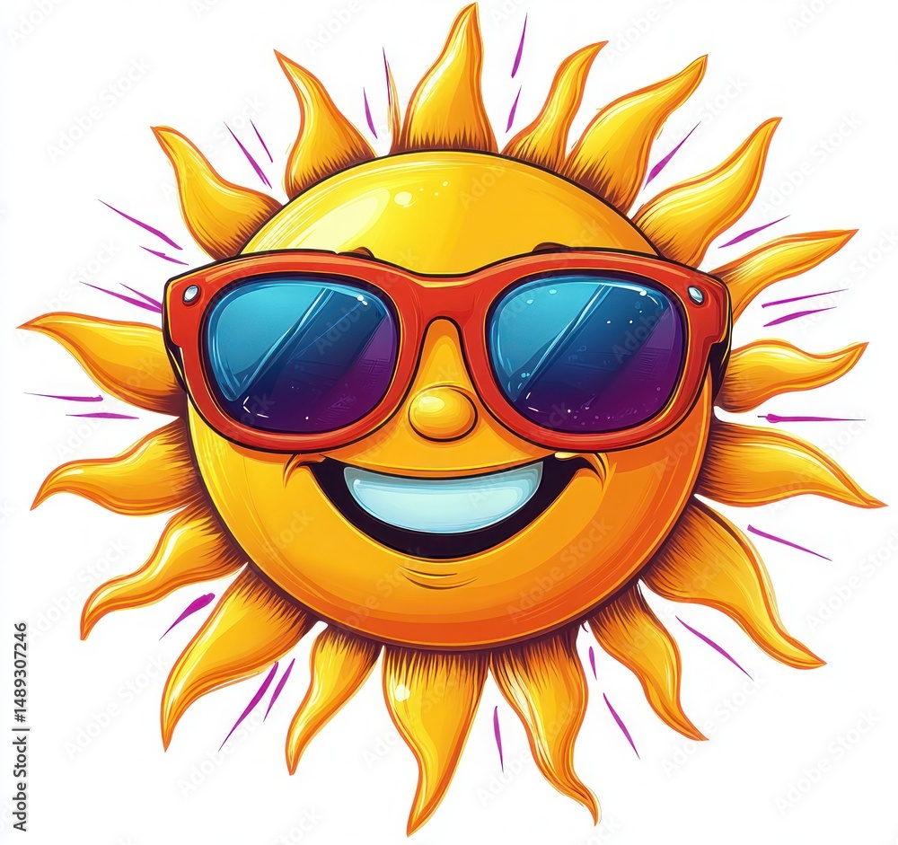 Bright smiling sun with glowing rays wearing large red sunglasses expressing happiness and warmth Bright smiling sun with glowing rays wearing large red sunglasses expressing happiness and warmth