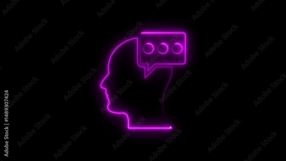 Animated neon silhouette of a human head with speech bubble on a black background Animated neon silhouette of a human head with speech bubble on a black background