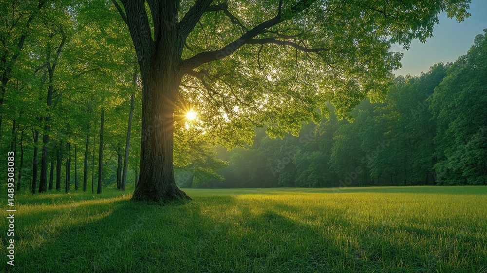 Fototapeta premium Lush green forest at sunrise